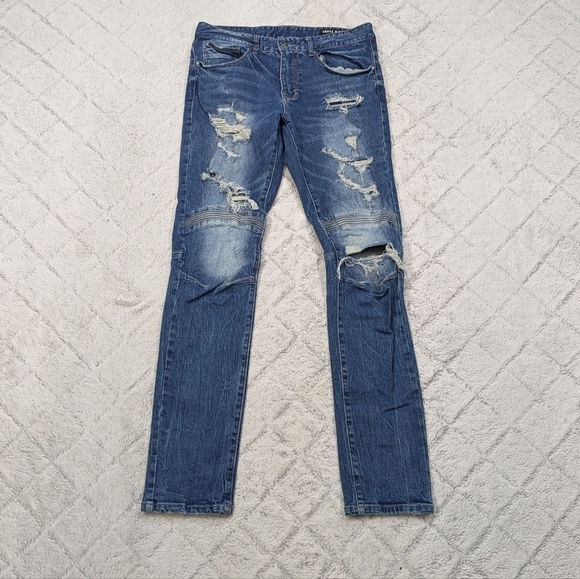 Smoke Rise Jeans Men's 32x34 Blue Distressed Moto Slim Fit Cotton StreetWear - Picture 1 of 10